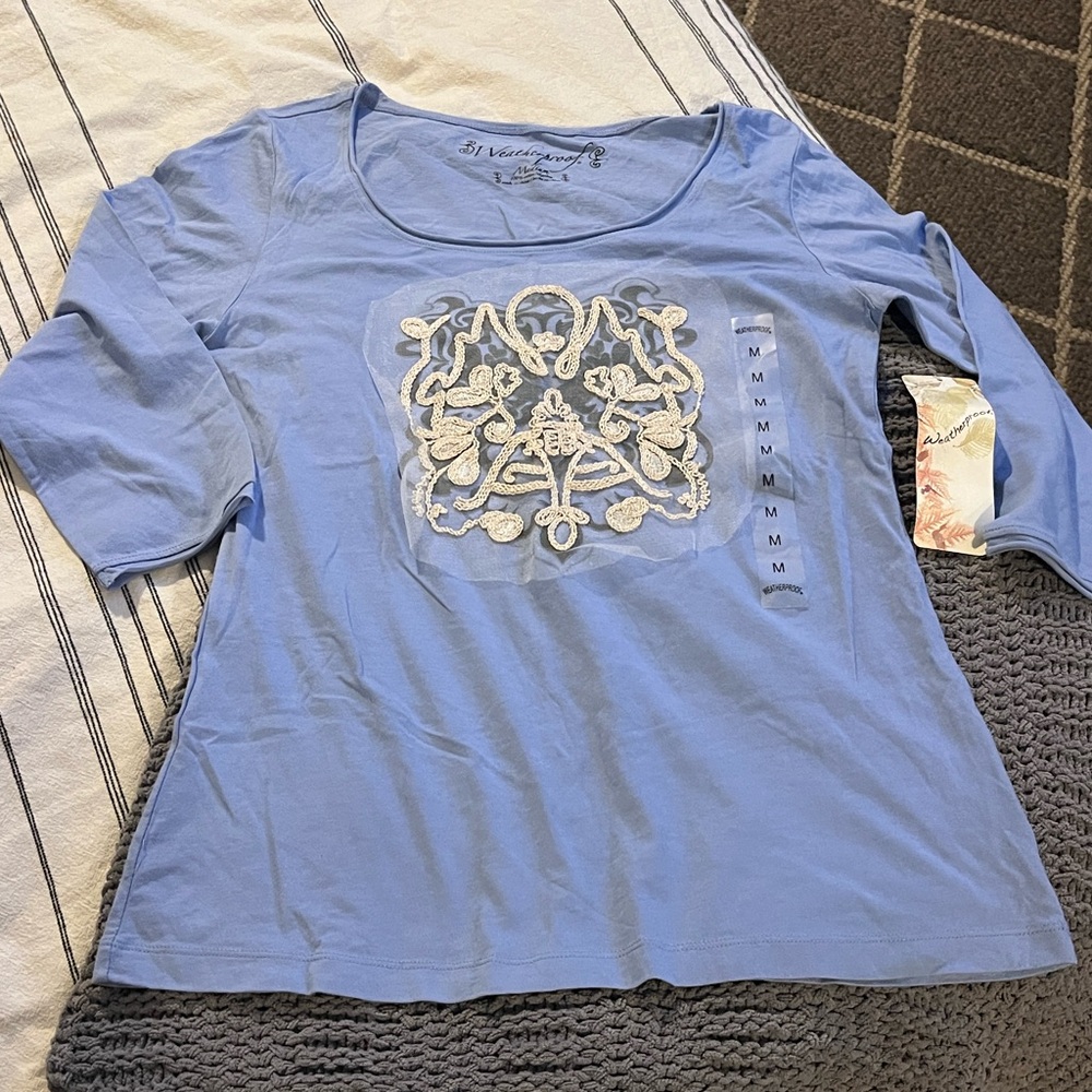 Weatherproof Blue Long Sleeve Top with White Embroidery (Medium)